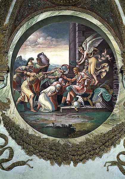 Scene showing that those born under the sign of Aquarius in conjunction with the constellation of Aquila are imparted with warlike virtues, symbolised by a scene of triumph, from the Camera dei Venti, 1528 Oil Painting - Giulio Romano (Orbetto)