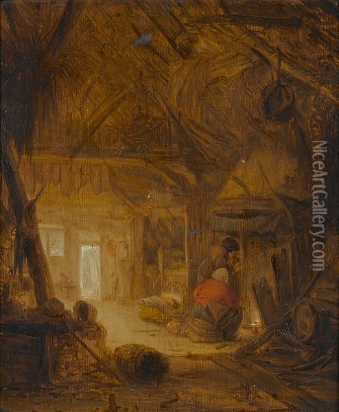 A Barn Interior With Figures By A Fireplace Oil Painting - Adriaen Jansz. Van Ostade