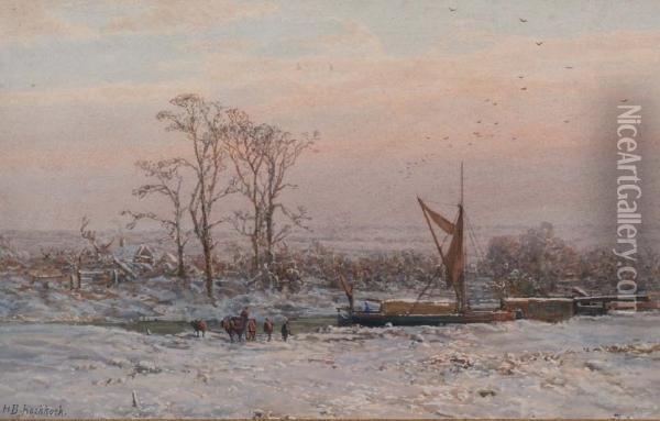 Winterlandschap Met Aangemeerde Boten Op Rivier Oil Painting - Hendrik Pieter Koekkoek