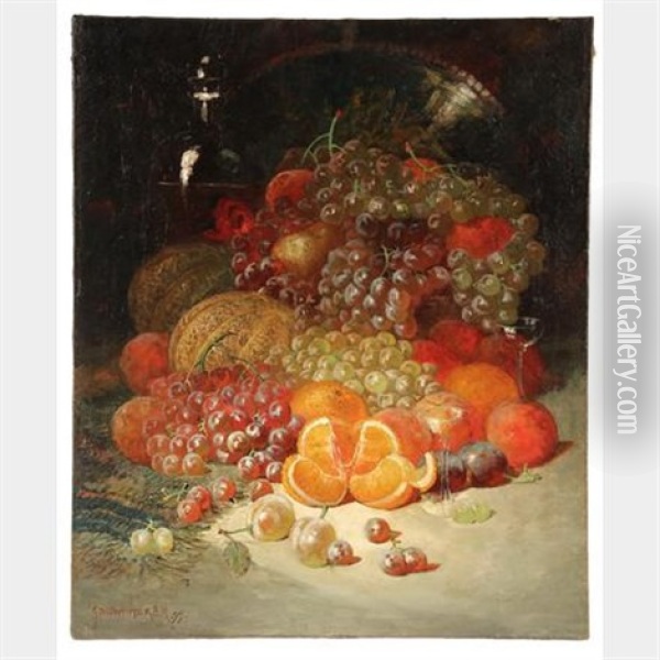 Still Life With Fruit, Decanter, Stemware & Silver Charger Oil Painting - George William Whitaker