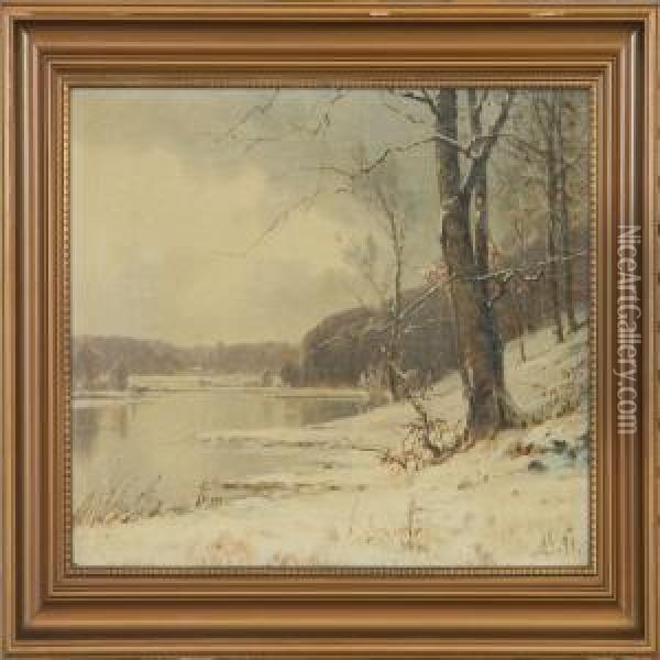 Winterlandscape Withlake Oil Painting - Alexander Schmidt
