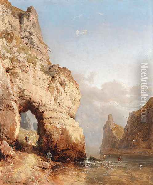 Fisherman on a rocky coast Oil Painting - Carl Joseph Kuwasseg