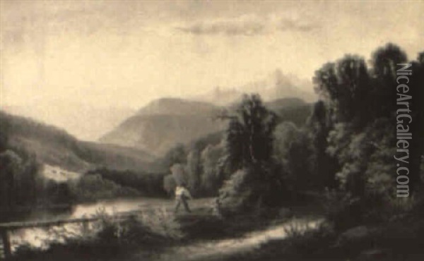 A Farmer At A Riverside With Mountains The Background (new Hampshire?) Oil Painting - Benjamin Champney