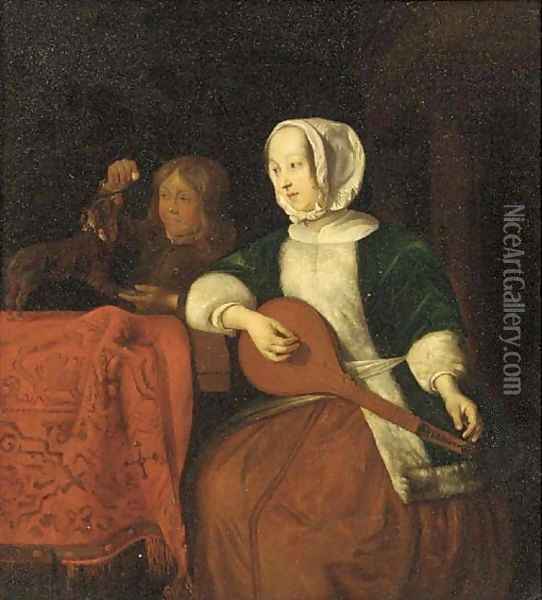 A lady playing a lute with a boy and his dog behind Oil Painting - Gabriel Metsu