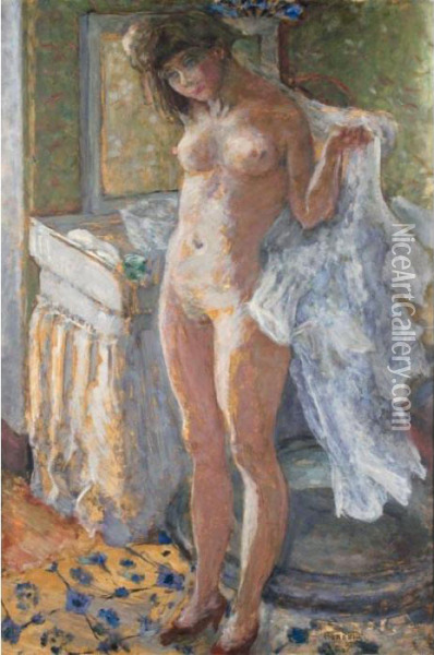 Dans Le Cabinet De Toilette Or Jeune Fille S'essuyant Oil Painting - Pierre Bonnard