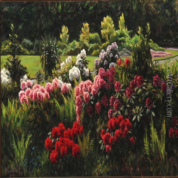 Park With Blooming Rhododendron Oil Painting - Henrik Gamst Jespersen