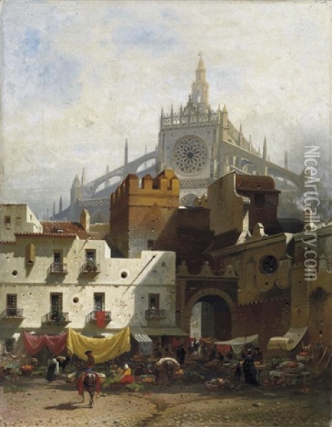 Sevilla. Markttreiben Auf Einem Platz Vor Den Toren Zur Altstadt Oil Painting - Friedrich Eibner