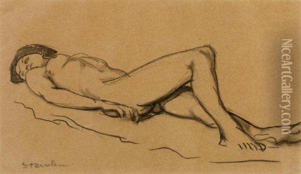 Reclining Female Nude. Oil Painting - Theophile Alexandre Steinlen