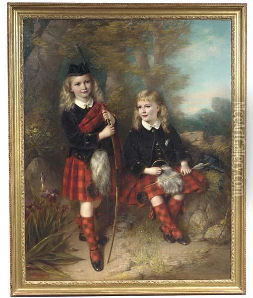 Portrait Of Two Children, Full-length In Macgregor Tartan Holding Abow And Arrow In A Landscape Oil Painting - Samuel Berry Godbold