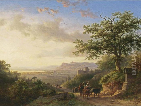 An Extensive Rhineview With Travellers On A Path Oil Painting - Barend Cornelis Koekkoek