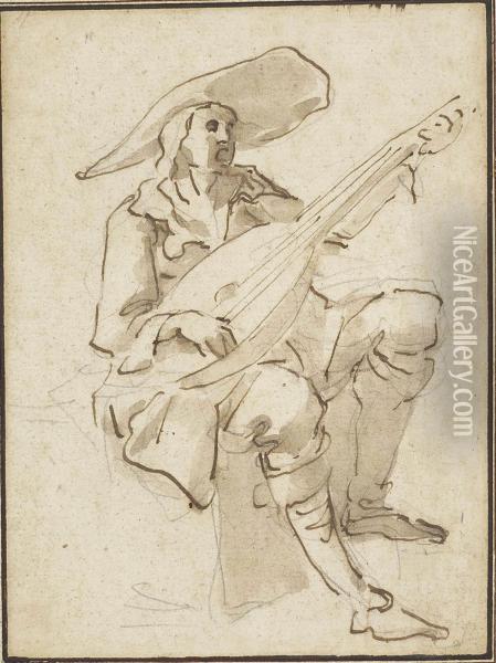 A Seated Lutenist Wearing A Wide-brimmed Hat Oil Painting - Willem Buytewech