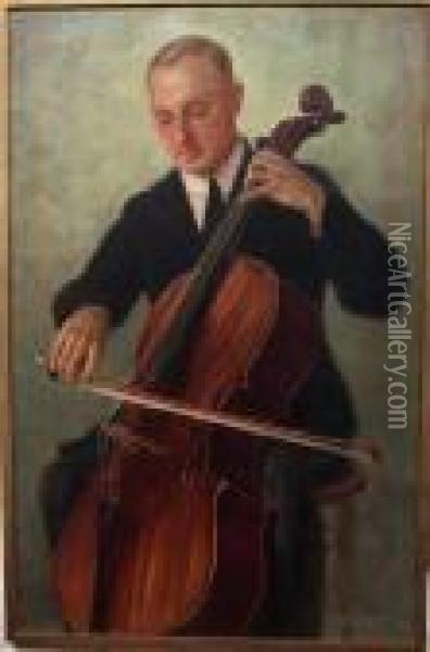 Description:de Cellospeler Oil Painting - Otto Pilny