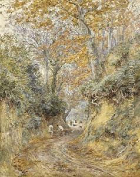 Raking The Leaves, Hollow Lane, Witley, Surrey Oil Painting - Helen Mary Elizabeth Allingham