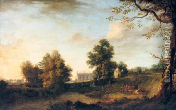 A Prospect Of Belan House, 
Ballitore, County Kildare, Seat Of The Earls Of Aldborough, With Cattle 
In The Foreground Oil Painting - William Ashford