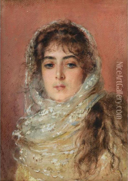 Portrait Of The Artist's Wife Yulia Pavlona Makovsky Oil Painting - Vladimir Egorovic Makovsky