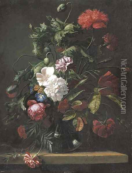 Roses, carnations, morning glory and other flowers in a glass vase on a stone ledge Oil Painting - Rachel Ruysch