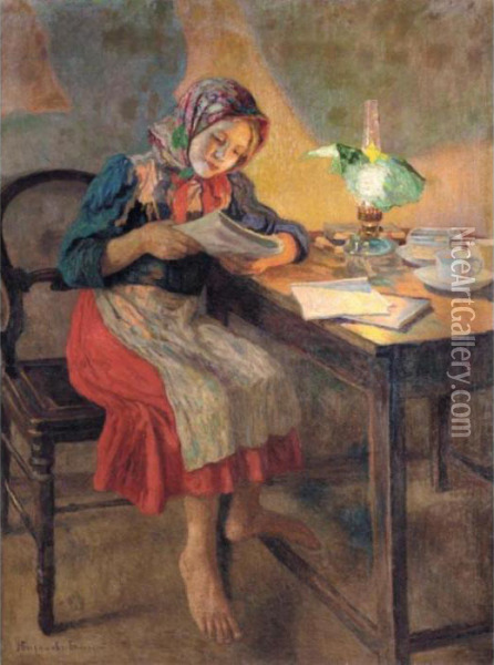 Reading By Lamplight Oil Painting - Nikolai Petrovich Bogdanov-Belsky