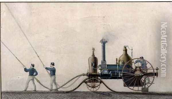 The first steam fire engine used in the United States in 1841 Oil Painting - P.R. Hodge