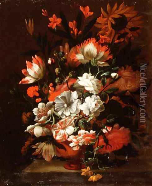 Tulips, carnations, sunflowers and other flowers in an urn on a stone ledge Oil Painting - Simon Pietersz. Verelst