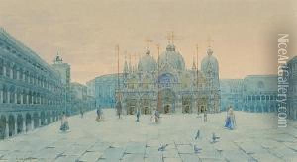 St.mark's Square; The Rialto Bridge; The Grand Canal, Venice Oil Painting - Natale Gavagnin