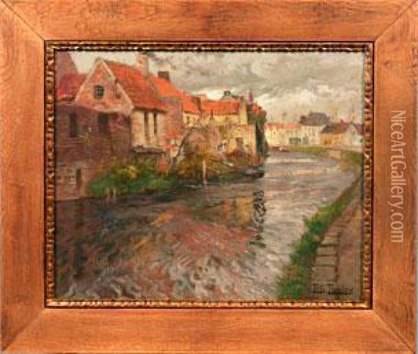 Flusslandschaft Mit Kleiner Stadt Im Herbst Oil Painting - Fritz Thaulow