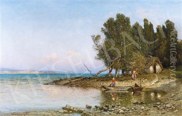 Lake Balaton With Fishermen's Cottage Oil Painting - Janos Valentiny