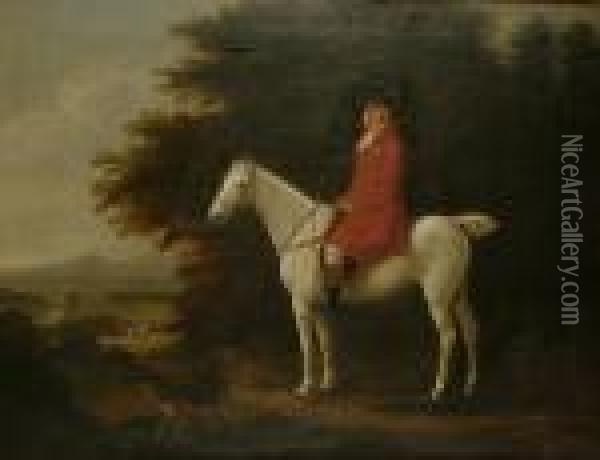 A Hunstman Seated On A Grey Hunter, A Landscape Beyond Oil Painting - Thomas Weaver