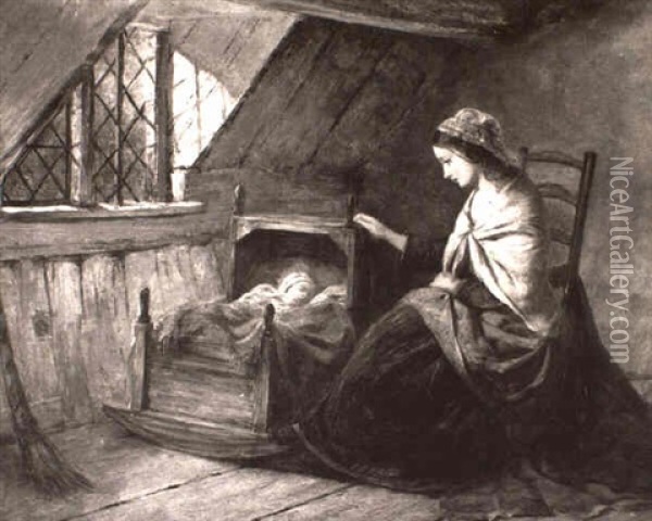 A Mother And Her Child In An Interior Oil Painting - Edward John Cobbett