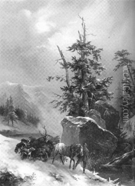 Jagdgespann Im Winterlichen Gebirgswald Oil Painting - Julius Carl Schulz
