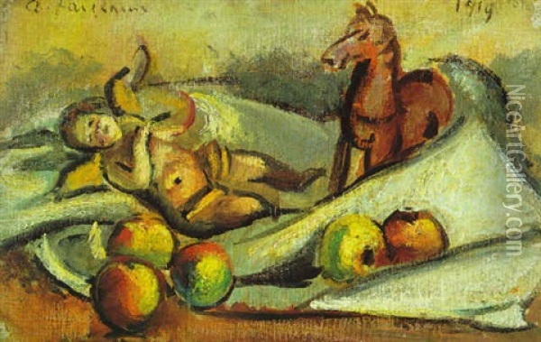 Stilleben Mit Apfeln, Putto Und Pferdchen Oil Painting - Anton Faistauer