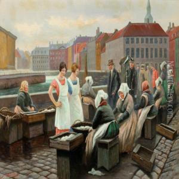 Women Selling Fish At Gl. Strand, Copenhagen Oil Painting - Axel Dahl