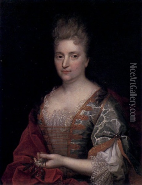 Portrait De Femme Tenant Une Branche D'eglantine Oil Painting - Jean de Troy