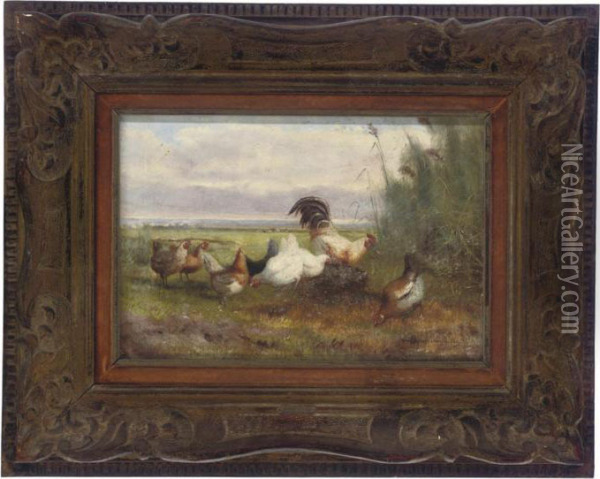 Poultry In A Meadow Oil Painting - Jef Louis Van Leemputten
