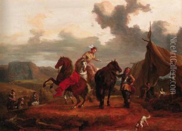 Travellers Asking Directions On A Country Track; And Elegant Ridersat A Gypsy Encampment Oil Painting - Eustache Francois Duval