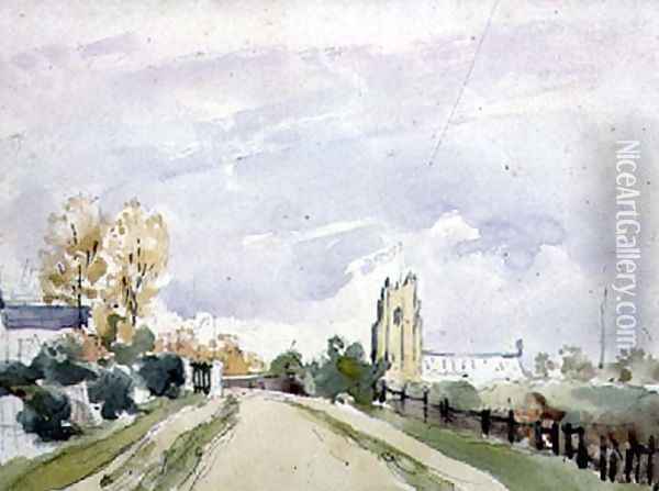 Suffolk Landscape, a wide Road with a small House, a Church and Trees Oil Painting - Thomas Churchyard