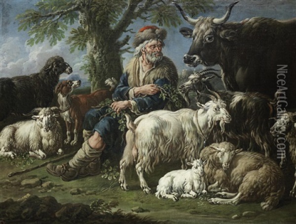 A Shepherd With Goats, A Cow, Sheep And A Dog Seated Before A Tree Oil Painting - Cajetan Roos