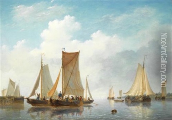 Estuary With Vessels In Calm Water Oil Painting - Frans Jacobus van den Blyk