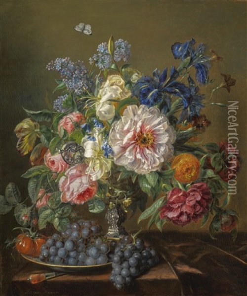 Still-life With Peonies, Roses, Tulips And Ranunculus Oil Painting - Adriana Johanna Haanen
