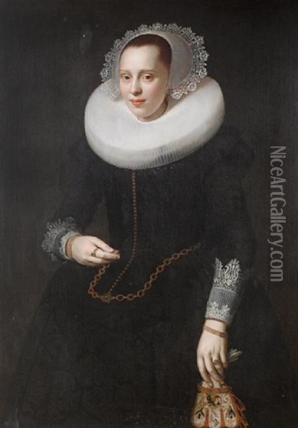 Portrait Of A Lady, Standing In A Black Dress And White Collar, Holding A Glove Oil Painting - Nicolaes Eliasz Pickenoy