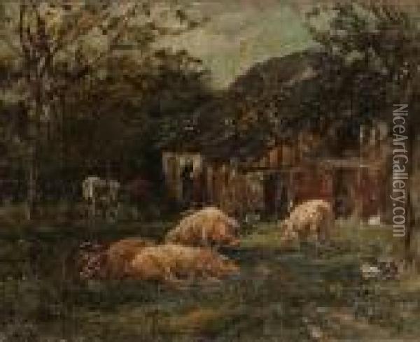 Pigs And Chickens By A Barn Oil Painting - William Mark Fisher