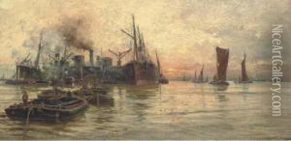 The Bustling Thames At Dusk Oil Painting - Charles John de Lacy