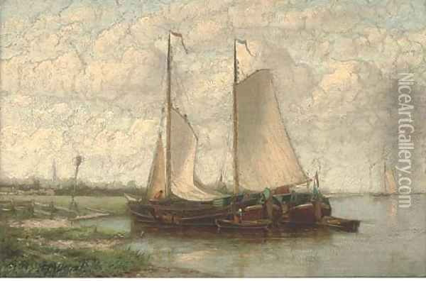 Barges moored on a Dutch waterway Oil Painting - Hendrik Hulk