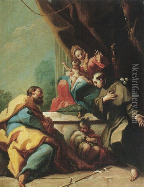 A Sacra Conversazione With Saint Anthony Of Padua Kneeling Before The Madonna And Child Oil Painting - Giovanni Battista Pittoni the younger