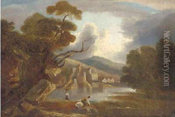 Figures before a lakeside village Oil Painting - Thomas Barker of Bath