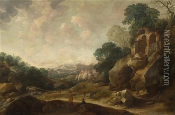 Traveller In A Broad Rocky Landscape Oil Painting - Gysbert Gillisz de Hondecoeter