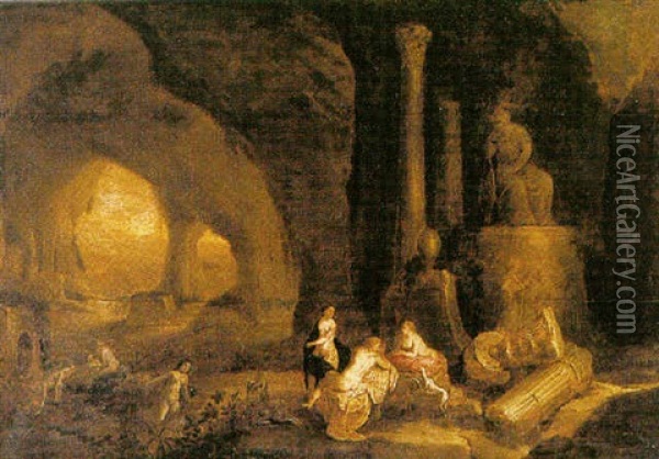 Diana And Her Nymphs Reclining In A Grotto Oil Painting - Abraham van Cuylenborch