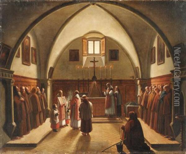 The Interior Of A Sacristy With Capuchin Friars Oil Painting - Francois-Marius Granet