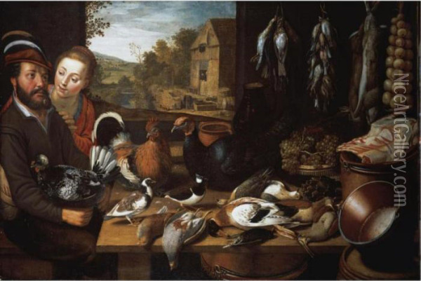 A Larder Still Life, With 
Farmyard Fowl, A Turkey, Pigeons, A Plover, Duck, A Starling, Partridge 
And Snipe, With Game And Songbirds And Rabbits Suspended From Nails, A 
Rib Of Beef, Grapes And An Artichoke, With Copper Pans, Watched By A 
Couple Se Oil Painting - Cornelis Cornelisz Van Haarlem