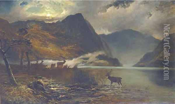 Stags watering by a moonlit loch Oil Painting - Clarence Roe
