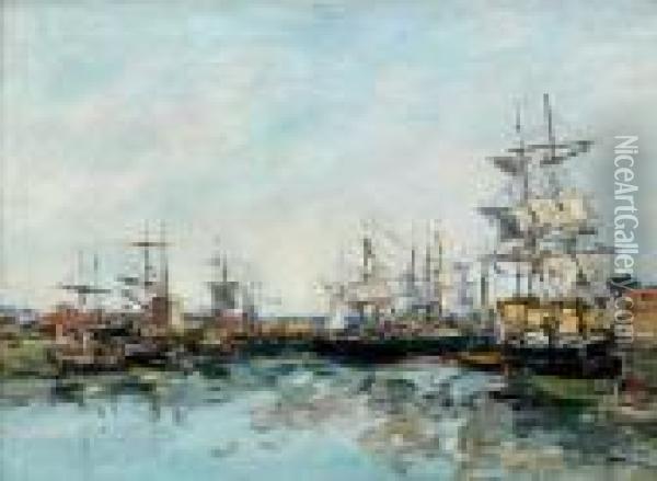 Trouville, Le Port A Maree Basse Oil Painting - Eugene Boudin
